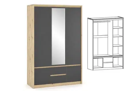 Šatníkové skrine DOMICA trojdverová šatníková skriňa, artisan/sivá