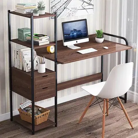 Písacie stoly OFFICE PC stolík s regálom, orech/čierna