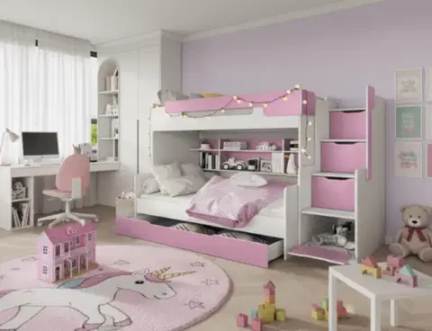 Postele ArtBed Detská poschodová posteľ s roštom HARRY | biela/ružová 120 x 200 cm