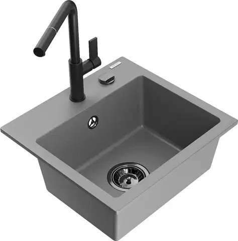 Kuchynské drezy MEXEN/S MEXEN/S - Milo granitový drez 1-miska vrátane batérie Flora, šedá 6505-71-670401-70-B