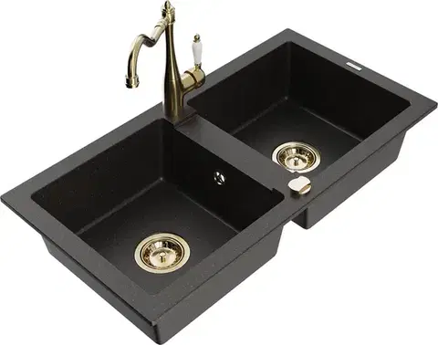 Kuchynské drezy MEXEN/S MEXEN/S - Mario granitový drez 2-bowl vrátane batérie Carla, čierna/zlatá metalik 6504-75-670700-50