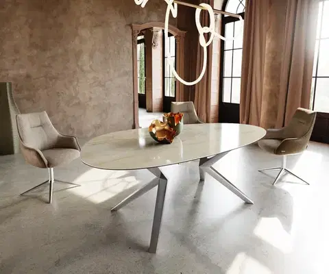 Jedálenské stoly DELIFE Jedálenský stôl Edge oválny 220x120 keramika iris FMG onice oro zenthara hranatý nerezová oceľ