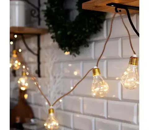 Vianočné osvetlenie  LED dekorativní žárovky na přírodním provazu 10x žárovka 30LED 180cm časovač 3x AA 1V242