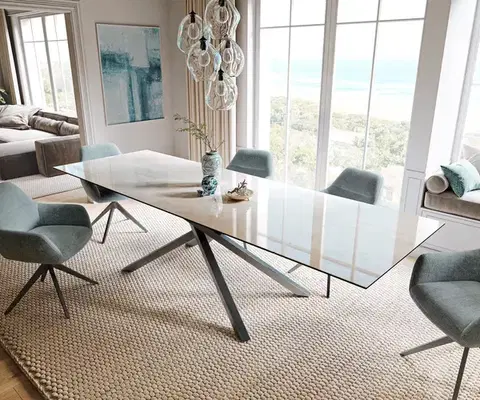 Jedálenské stoly DELIFE Jedálenský stôl Edge 200-300×100 cm keramika onyx šampanské krížová podstava hranatý nerezová oceľ grafit rozkladací