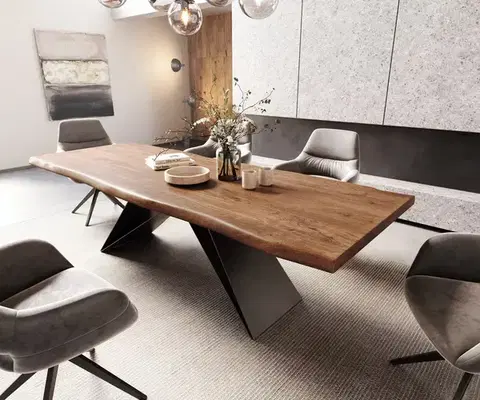 Jedálenské stoly DELIFE Jedálenský stôl Edge 260x100 XL akácia hnedá podstava v tvare V plochá oceľ čierna Live-Edge