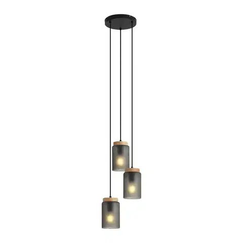 Závesné svietidlá Moderné závesné svietidlo čierne s drevom a matným sivým sklom 3-Lights - Umbra