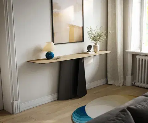 Konzolové stolíky DELIFE Konzolový stolík Edge zaoblený 180×40 cm keramika Laminam® sabbia dubová farba Livos kov čierna