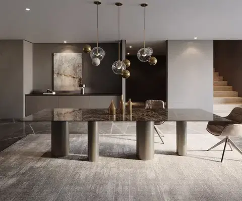 Jedálenské stoly DELIFE Jedálenský stôl Edge 300x100 keramika Laminam® Emperador Extra Lucidato tmavohnedá pilier kov efekt titán