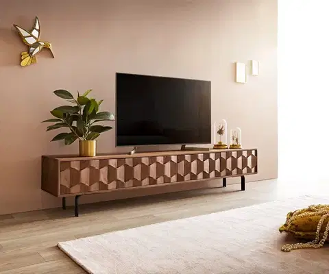 Televízne stolíky DELIFE TV stolík Fevo 200 cm akácia hnedá 4 dvierka podstava v tvare L