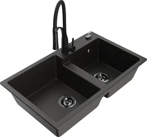 Kuchynské drezy MEXEN/S MEXEN/S - Tomas granitový drez 2-bowl vrátane batérie Aster, čierna/zlatá metalik 6516-75-73450-70-B