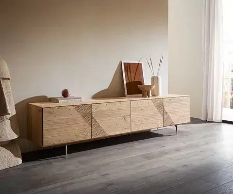 Televízne stolíky DELIFE TV stolík Tereos 220 cm dub prírodný 3D efekt 4 dvierka podstava v tvare L nerezová oceľ kefovaná