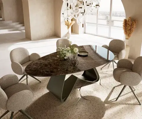 Jedálenské stoly DELIFE Jedálenský stôl Edge oválny 220x120 keramika Laminam® Emperador Extra Lucidato tmavohnedý podstava v tvare W kov titánová farba