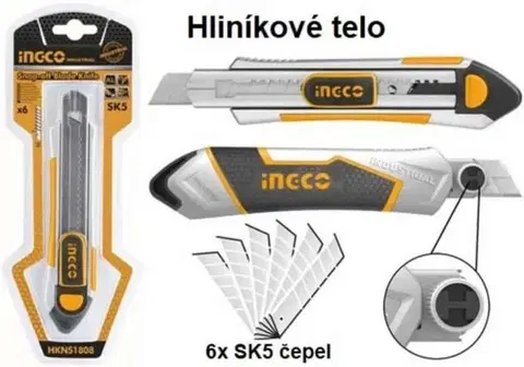 Kuchynské nože INGCO Nôž s tlačítkom, lámací, 18mm, ALU, INGCO, 6x čepeľ