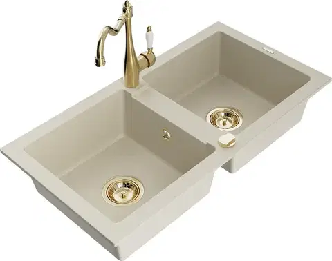 Kuchynské drezy MEXEN/S MEXEN/S - Mario granitový drez 2-bowl vrátane batérie Carla, béžová 6504-69-670700-50