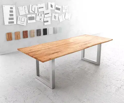 Jedálenské stoly DELIFE Jedálenský stôl Edge 240x100 cm akácia prírodná nerezová oceľ široký Live-Edge