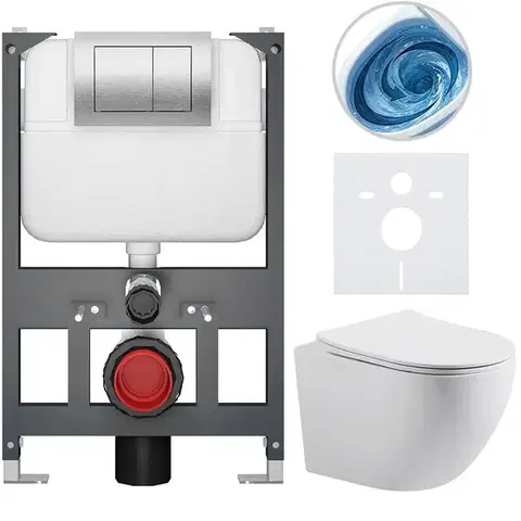Záchody CERANO - Kompletný WC set Basic/Cesso - biela matná - WC tlačidlo Maxio/Strieborná - závesné - nízky modul - predstenová inštalácia - 49x36 CER-8050BD86179