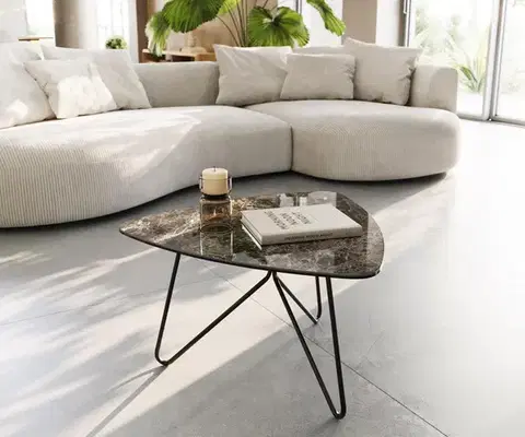 Konferenčné stolíky DELIFE Konferenčný stolík Ekrem 65x65 cm keramika Laminam®Emperador Extra Lucidato tmavohnedá Hairpin kov čierna