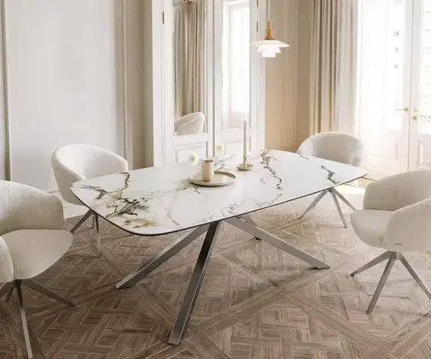 Jedálenské stoly DELIFE Jedálenský stôl Edge Boot 200x100 keramika Calacatta Luxe bielo-zlato-šedá krížová podstava obdĺžnik nerezová oceľ