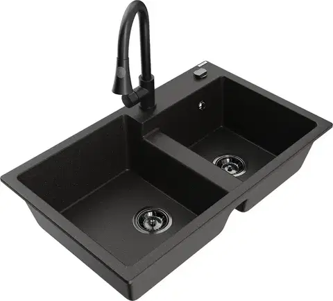 Kuchynské drezy MEXEN/S MEXEN/S - Tomas granitový drez 2-bowl vrátane batérie Elia, čierna/zlatá metalik 6516-75-670101-70-B
