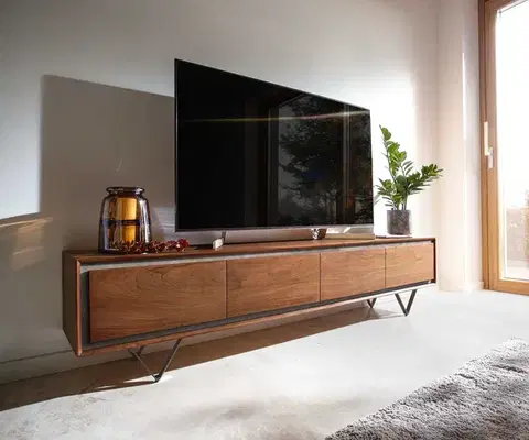 Televízne stolíky DELIFE TV stolík Stonegrace 200 cm akácia hnedá kamenná dyha 4 dvierka podstava v tvare V čierna