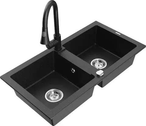 Kuchynské drezy MEXEN/S MEXEN/S - Mario granitový drez 2-bowl vrátane batérie Elia, čierna/strieborná metalík 6504-73-670101-70