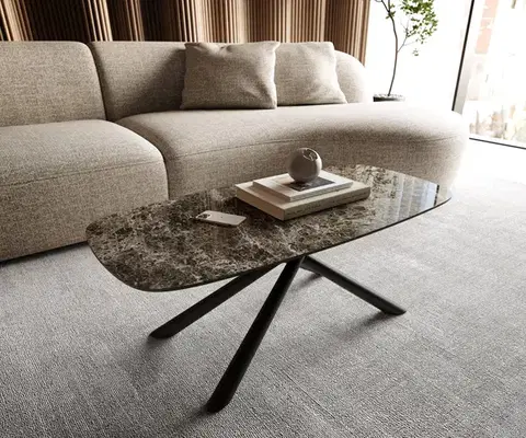 Konferenčné stolíky DELIFE Konferenčný stolík Edge zaoblený 100x50 cm keramika Laminam® Emperador Extra Lucidato tmavohnedá Sarity kov čierna