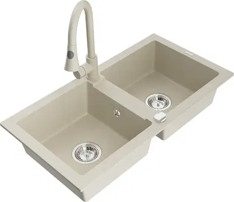 Kuchynské drezy MEXEN/S MEXEN/S - Mario granitový drez 2-bowl vrátane batérie Elia, béžová 6504-69-670101-69