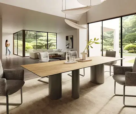 Jedálenské stoly DELIFE Jedálenský stôl Edge 300x100 keramika Laminam® Sabbia dubová farba Troa kovový efekt titán